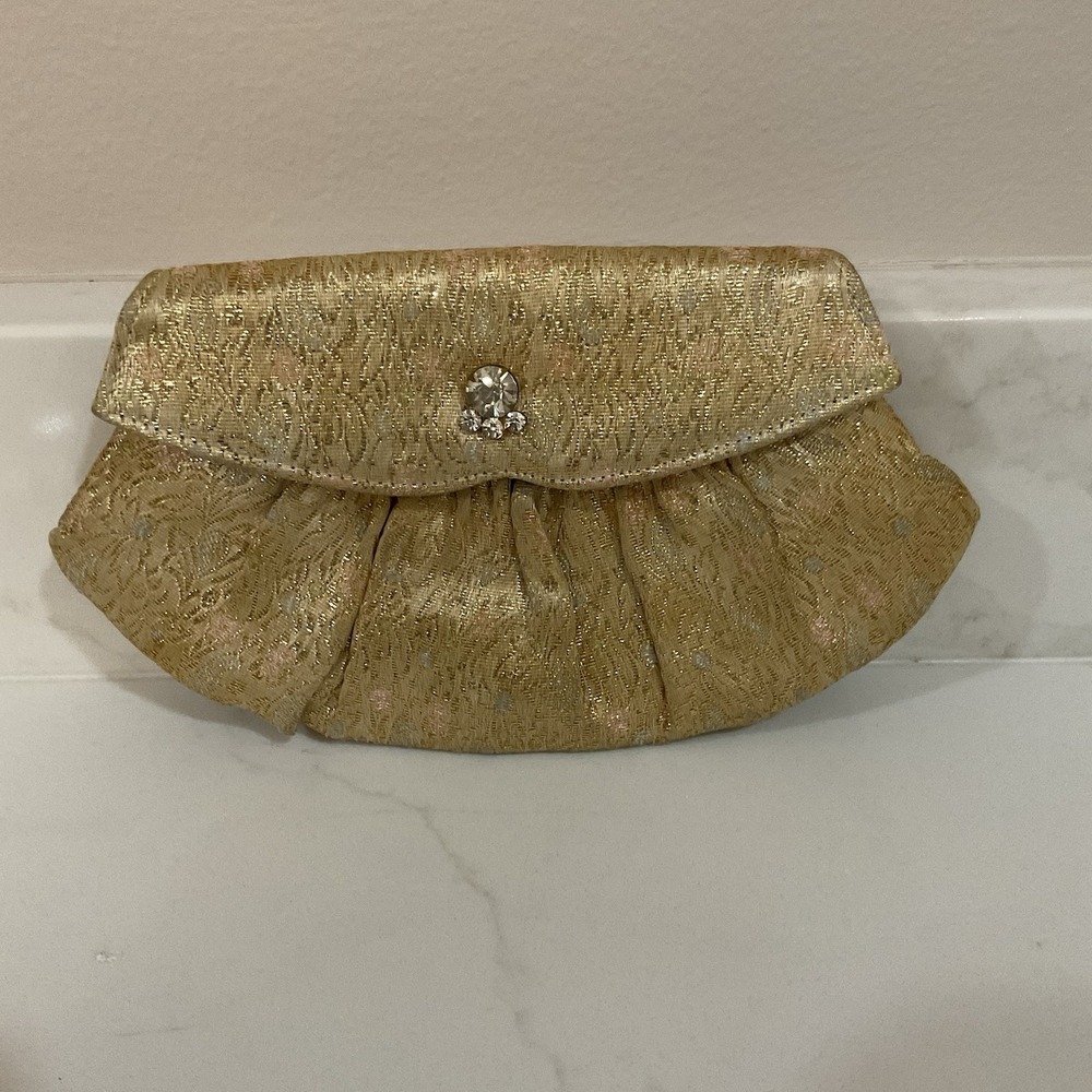 Vintage Purse Britemode Gold Boho Tapestry Clutch Rhinestone Snap